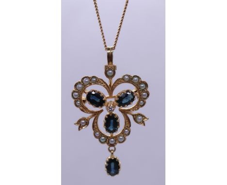 9ct gold pendent set with sapphires &amp; pearls on fine 9ct gold chain 