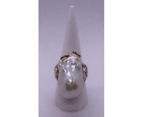 Gold on silver natural pearl ring - Size P 