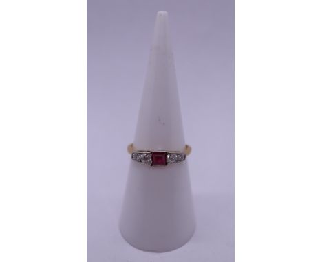 18ct gold Art Deco ruby &amp; diamond set ring - Size L