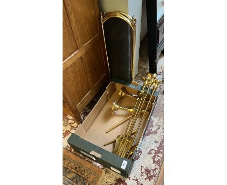 Fire screen, companion set and candlesticks