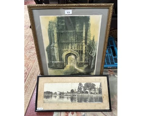 Signed lithograph of the Bell Tower Arch, Evesham by Victor A Jones together with an old photo of Evesham