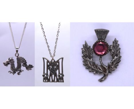 2 silver pendants together with a Celtic style silver brooch