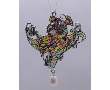Silver &amp; enamel ruby, amethyst set pendent/ brooch