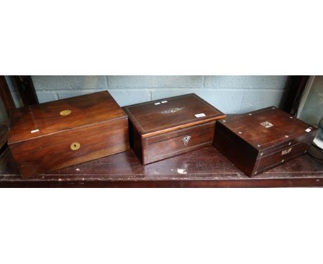 Victorian Rosewood work box with partitioned internal shelf and needlework items included, plus 2 x Rosewood and Mother of Pe