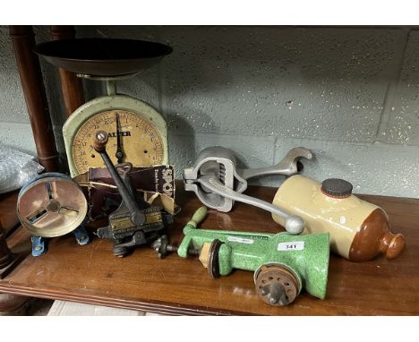 Collectables to include salter scales, meat mincer etc