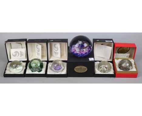 Collection of Selkirk glass paperweights in original boxes - Jester, Winter Dream, Mistral, Space Pool, Zenith and Aquarius