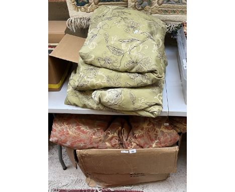 2 sets of large good quality lined heavy curtains.Green - Approx 270cm width x 180cm per curtainOrange - Approx 325cm width x