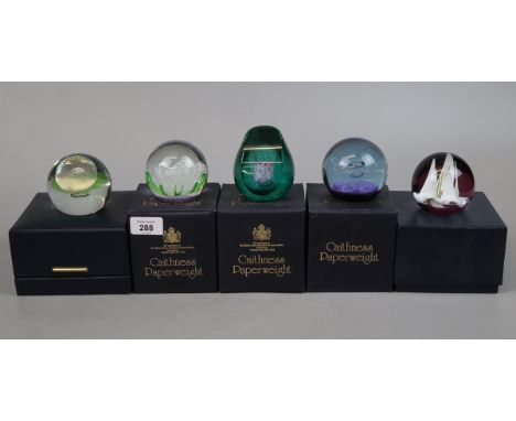 Collection of 5 Caithness paperweights in original boxes low run limited editions - Reflections, Astral, Snowflame, Ocean Tre