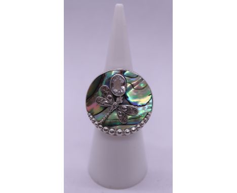 Silver abalone &amp; stone set dragonfly ring - Size L 