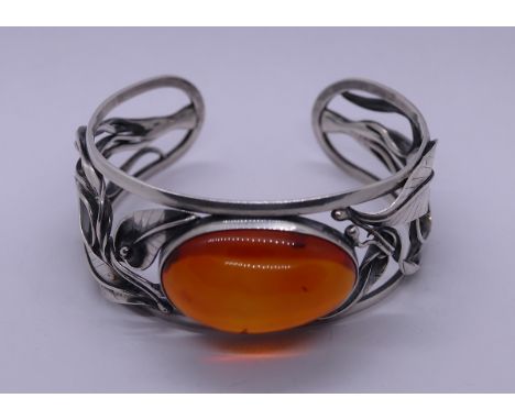 Danish silver amber set bangle marked SW 