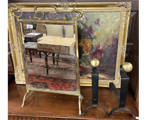 Art Nouveau mirror screen together with pair of Art Nouveau fire dogs 