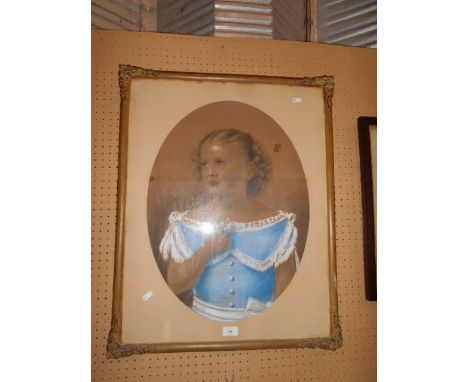 A Victorian chalk pastel and charcoal portrait of a young girl in blue dress, named 'Miss May Lethem', set in a gilt frame wi