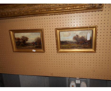A pair of 19th C oil on board hunting scenes, both signed indistinctly to lower right and framed in plain gilt