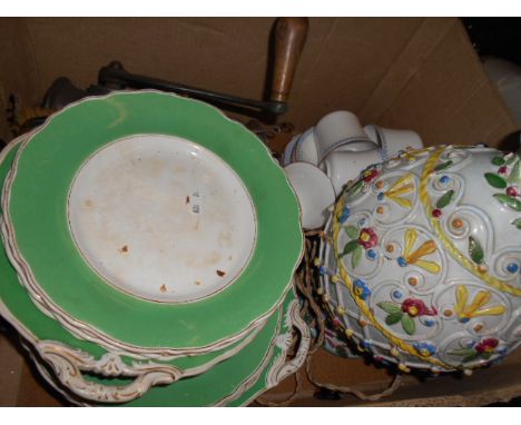 A box of assorted items to include and Italian table lamp, a Victorian dessert service, hand mirrors and brushes etc