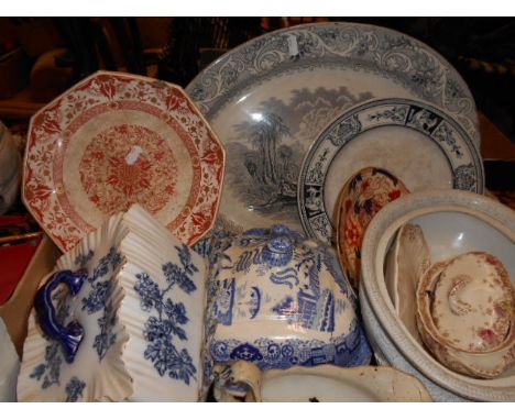 A box of Victorian ceramics to include a large Royal Worcester twin handled tureen, a blue and white Carlton Ware cheese cove