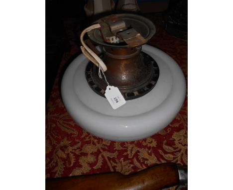 An early 20th C opaline glass ceiling light with shape brass gallery from a chapel of the East Sussex/Kent border 