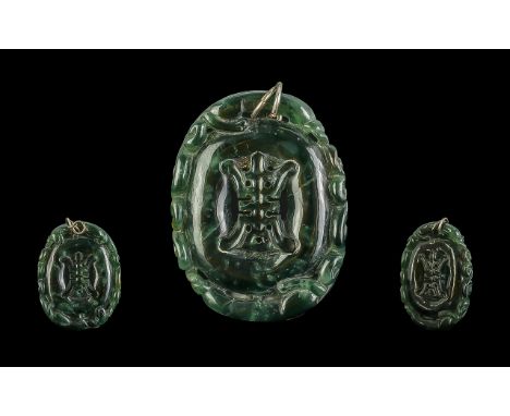 Jadeite Amulet Pendant, dark spinach colour, measures 2" x 1.5".