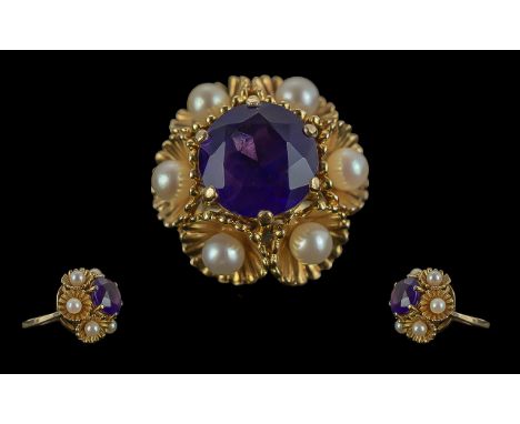 Ladies Excellent Quality 9ct Gold Amethyst and Pearl Set Ring. Full Hallmark to Interior of Shank. The Central Faceted Amethy