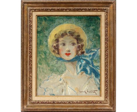 LOUIS ICART, [FRENCH, 1888-1950], OIL ON CANVAS,  H 16", W 12":  Depicting a girl with a yellow  hat and blue sash.  Signed i