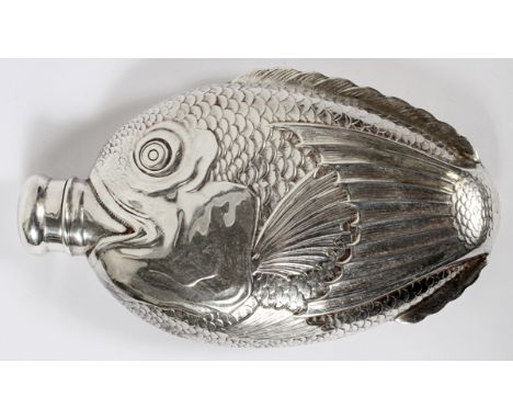 SILVER FISH-FORM FLASK WITH TIFFANY & CO.  STERLING CAP, L 6":  Stamped at the inside of  the threaded cap, "Tiffany & Co., S