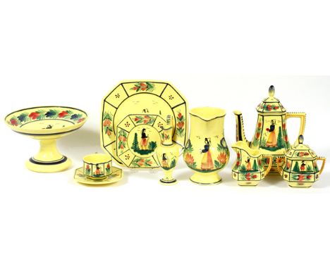 QUIMPER 'SOLEIL' POTTERY DINNER SET & TABLEWARE,  31 PIECES [SERVICE FOR SIX]:  Octagonal yellow  pottery decorated at the we