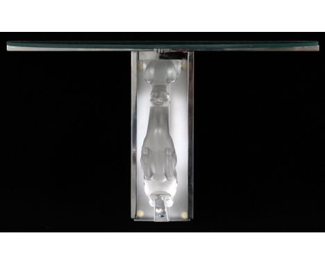 LALIQUE MOLDED & FROSTED GLASS STAG WALL  BRACKET, H 11", W 20", D 10":  The chrome wall  bracket features a frosted Lalique 