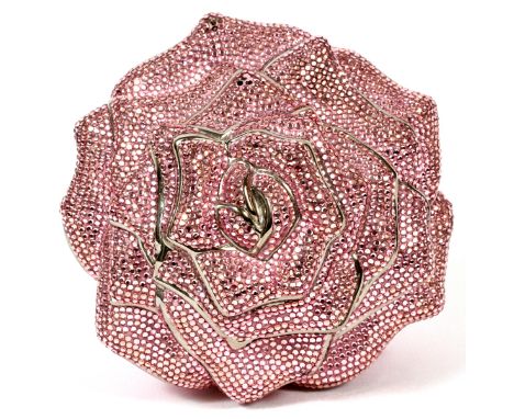 JUDITH LEIBER PINK ROSE MINAUDIERE, W 4 1/2'':   Full bead two-tone pink rose with green crystal  stem leaves [see additional