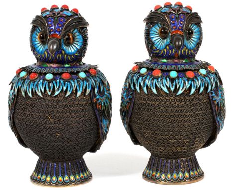 CHINESE SILVER MESH, ENAMEL OWL-FORM JARS, PAIR,  H 6":  Each is in the form of an owl with inset  tiger eye stones for eyes,