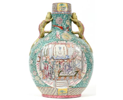 CHINESE PORCELAIN VASE, H 18":  Hand decorated.  In the form of a moon flask, green ground,  lizard handles. From a pominent 