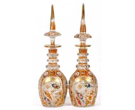 CONTINENTAL HAND CUT CRYSTAL MAGNUM DECANTERS,  19TH C., PAIR, H 20":  Hand cut and hand enamel  decorated, probably Bohemian
