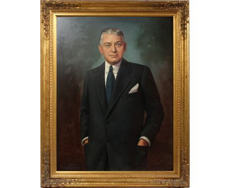 J. ANTHONY WILLS, OIL ON MASONITE, PORTRAIT OF  FRED J. FISHER, 46" X 35":  Signed in the lower  left corner and framed. Jame