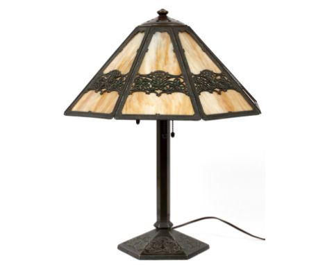 HANDEL TABLE LAMP, CARAMEL GLASS SHADE, C. 1900,  H 20", DIA 16":  Octagonal umbrella form shade,  caramel textured glass pan