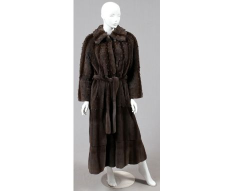 FENDI SHEARED MINK FUR COAT WITH BELT, L 52":  A  sheared mink lady's coat with belt, three  buttons at the front and two at 