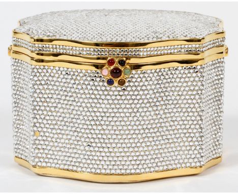 JUDITH LEIBER FULL BEAD BOX MINAUDIERE, W 4'':   White jewel minaudiere with gold tone and multi  colored jewel clasp. Top op