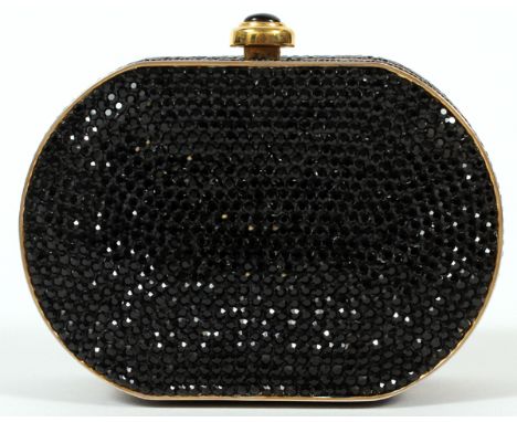 JUDITH LEIBER BLACK FULL BEAD OVAL MINAUDIERE, W  4":  Oval shape with cabochon push-button clasp  opening to gold leather li