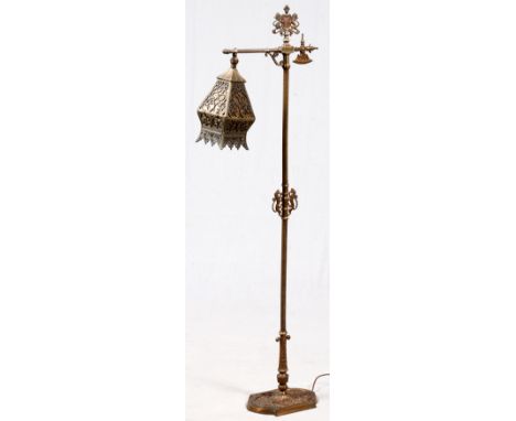 BRASS PLATED IRON BRIDGE LAMP, C. 1920, H 61":   Lantern style hanging shade with mica glass  inserts, banner with English li