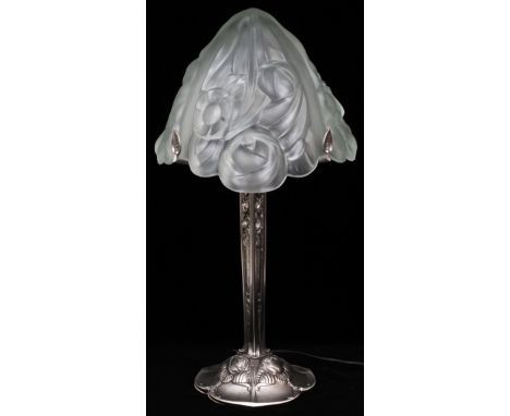 FRENCH ART DECO STYLE FROSTED GLASS & PATINATED  METAL TABLE LAMP, H 25'', W 11 3/4'':  Molded  and frosted glass triangular 