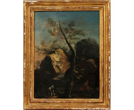 ITALIAN OIL ON CANVAS, 19TH C., H 18", W 14",  LANDSCAPE WITH STREAM:  Depicts two figures  streamside one gathering water th