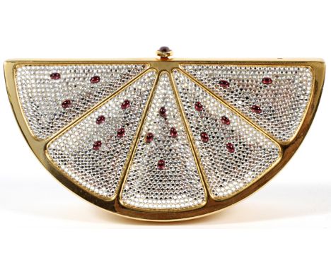 JUDITH LEIBER WATERMELON SLICE MINAUDIERE, W  6'':  Gold tone watermelon with clear crystals  accented by red "seed" cabochon