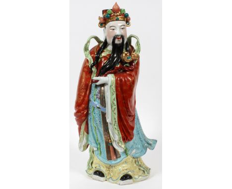 CHINESE PORCELAIN FIGURINE, H 22":  A figure of  a man holding a stick. 