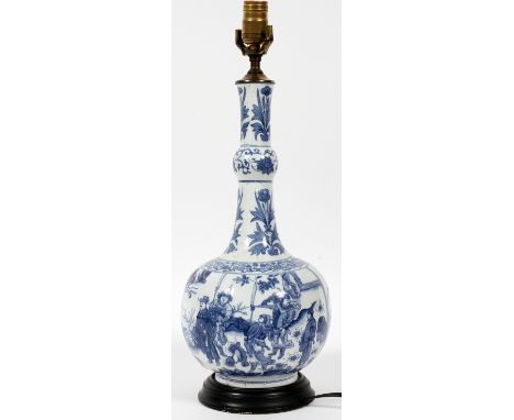 CHINESE BLUE & WHITE PORCELAIN BOTTLE, H 16",  MOUNTED AS A LAMP [30" OVERALL]:  Decorated in  blue under glaze with a figura