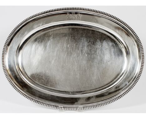 GEORGE III STERLING PLATTER BY THOMAS ROBINS,  LONDON, 1810-11, L 21 1/2":  An oval sterling  silver platter with gadrooned r