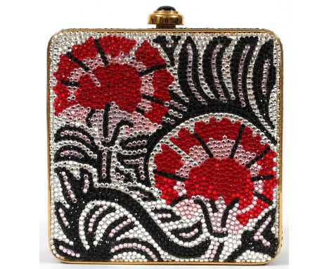 JUDITH LEIBER FLORAL MINAUDIERE, W 3 1/2'':   Square shape with red, pink and black art deco  style floral design, cabochon p