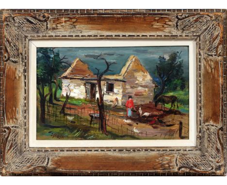 LOUIS BOSA [USA 1905-81] OIL ON BOARD, H 11", W  16", FARM SCENE:  H 11", W 16 1/2". Label on  back That reads "Feeding the C