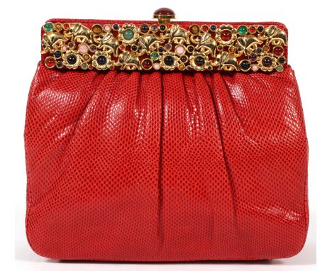 JUDITH LEIBER RED KARUNG BAG WITH JEWELED CLASP,  W 7'':  Red Karung snakeskin with floral motif  jeweled clasp. Includes opt