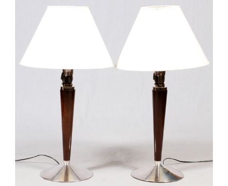 ATELIER PETITOT, FRENCH ART DECO PELICAN TABLE  LAMPS, PAIR, H 41'':  Each lamp has a wood  shaft, possibly of mahogany, surm