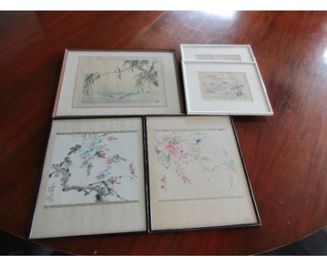 A pair of 20th century flower paintings, another of a kingfisher and three Japanese garden prints, the first pair within broc