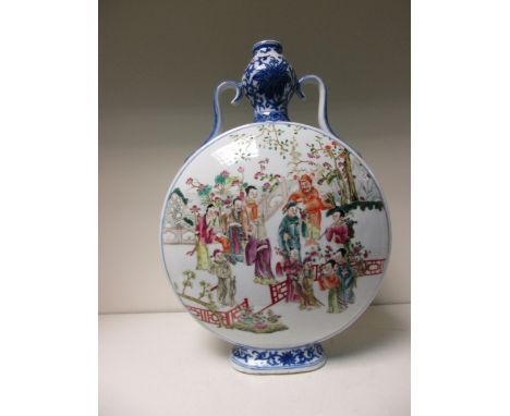 A famille rose moon flask painted with roundels of Immortals and other figures on terraces and amongst rocks, the onion top j