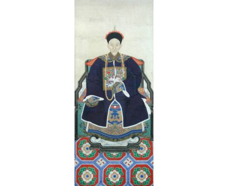 A matched pair of ancestor portraits, the enthroned man with his left hand holding the end of his necklace below his first ra