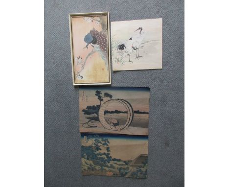 Ohara Koson (1877-1945), a peacock print, another bird print and two after Hokusai, the first depicting the bird perched amon